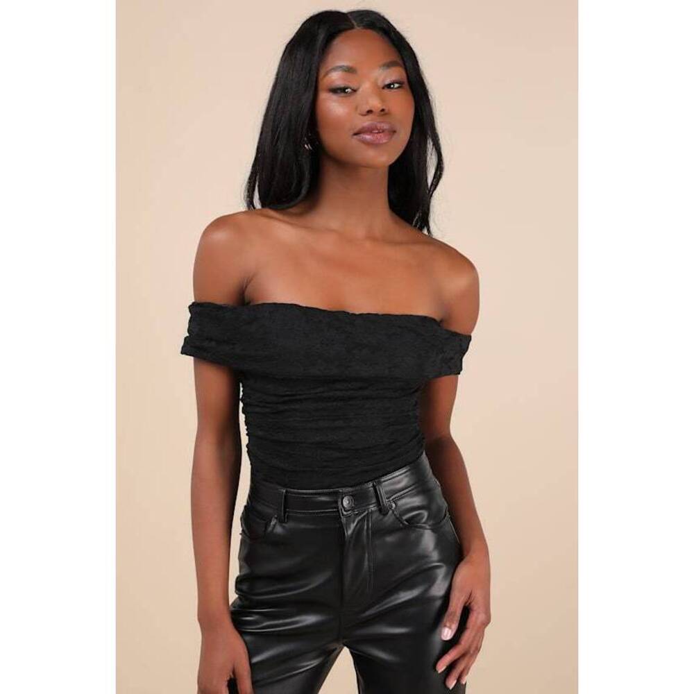 Lulus Sultry Whimsy Black Lace Off-the-shoulder Bodysuit - Size S
